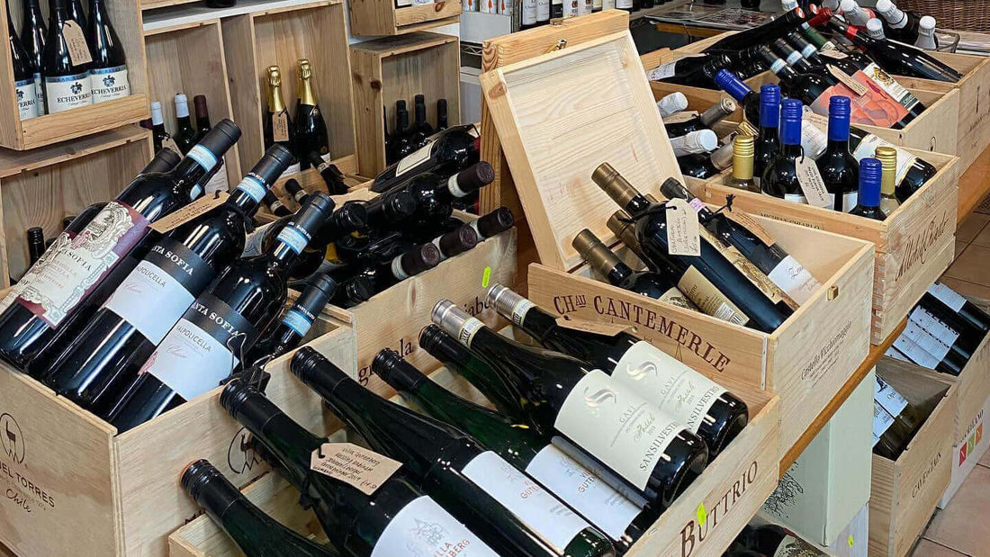 Wine bottles and crates displayed in Italia Wine Cellars showcasing the journey into wine.
