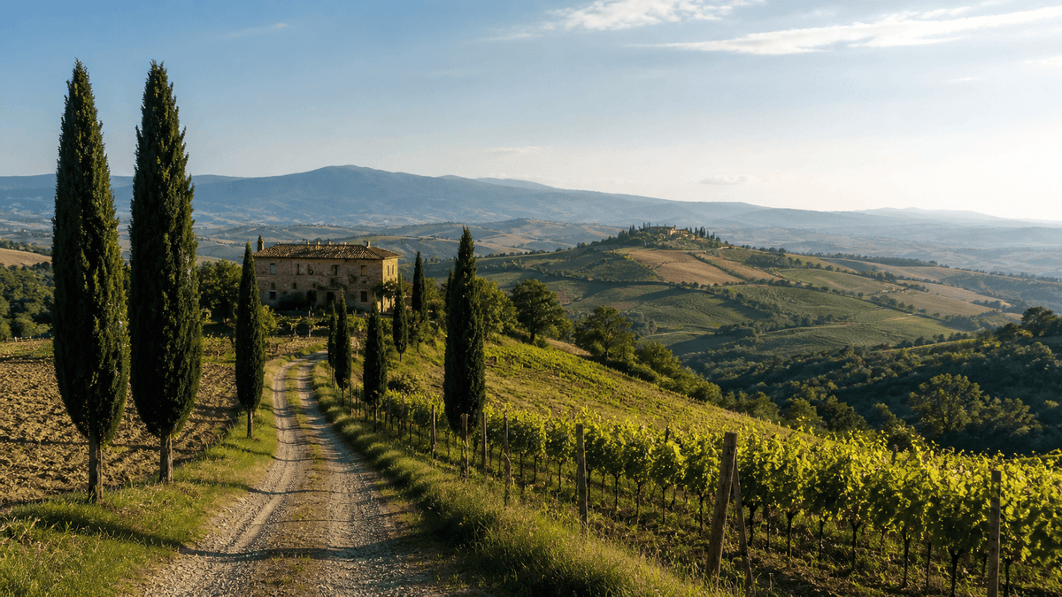 A Journey into Tuscany with a scenic view of vineyards and cypress trees under a blue sky.