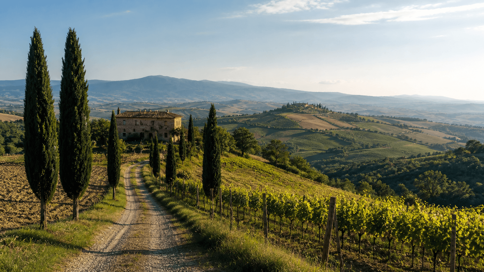 A Journey into Tuscany with a scenic view of vineyards and cypress trees under a blue sky.