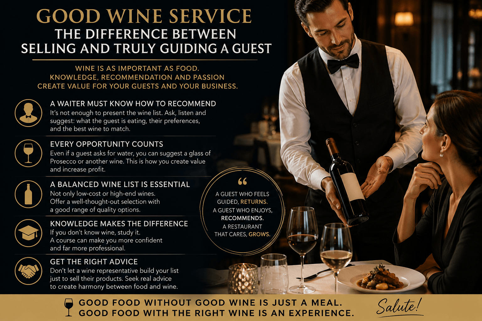 A waiter demonstrating wine knowledge and service skills in restaurants for exceptional guest experience.