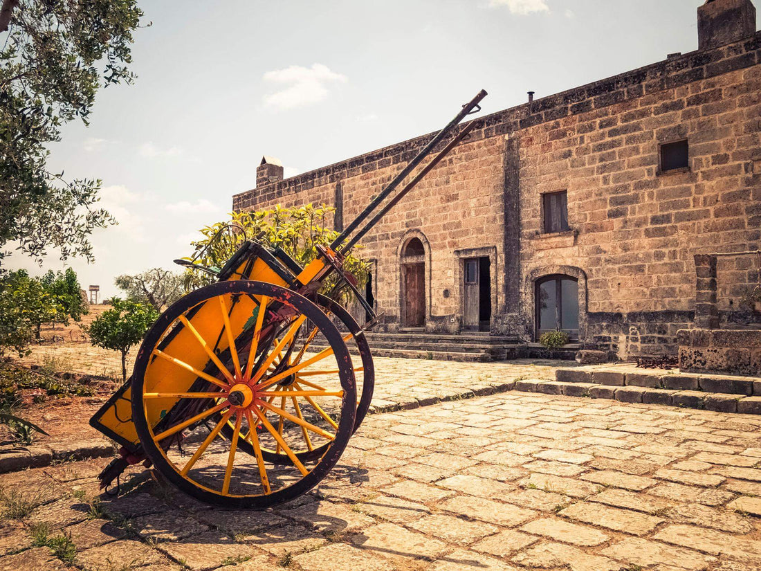 Traditional cart symbolizing the rural landscape of Puglia southern Italian wine.