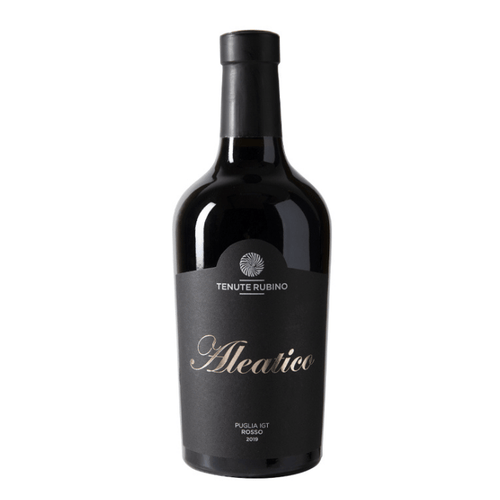 A bottle of Tenute Rubino Aleatico Salento IGT Rosso Passito 2019, showcasing its elegant dark design.