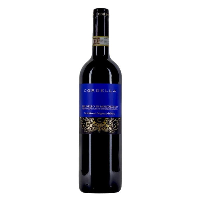 Brunello di Montalcino Vigna Meleto organic wine bottle from Cordella featuring a blue label and elegant design.