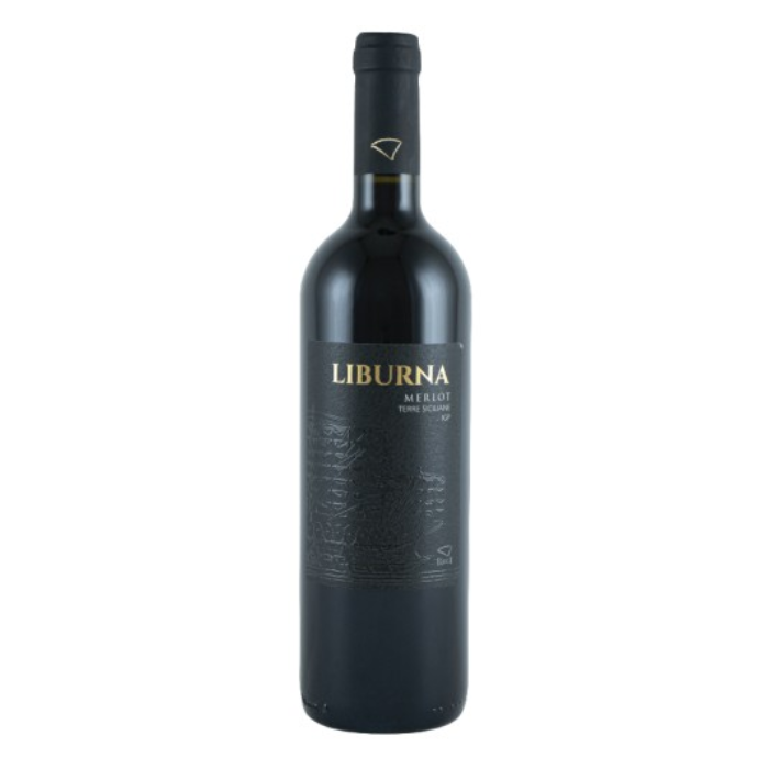 Liburna Merlot IGP Terre Siciliane wine bottle with sleek black label and gold accents