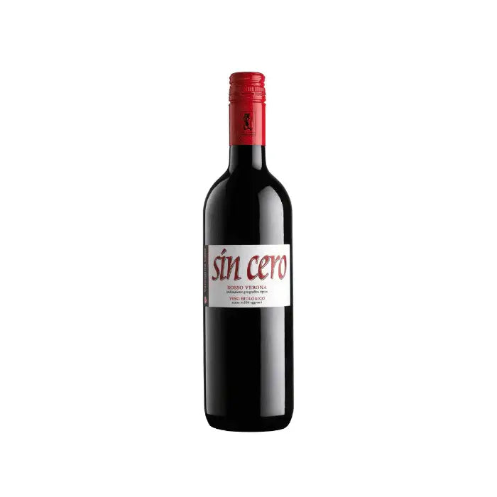 Bottle of Sin Cero Rosso Verona IGT with a vibrant red label showcasing its deep ruby color.