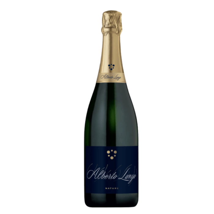 Bottle of Alberto Longo Brut Nature Spumante, featuring a sleek design with gold and dark blue accents.