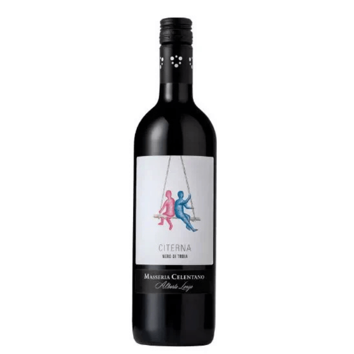 Alberto Longo Citerna IGP red wine bottle displaying vibrant label and rich ruby color, showcasing Nero di Troia variety.