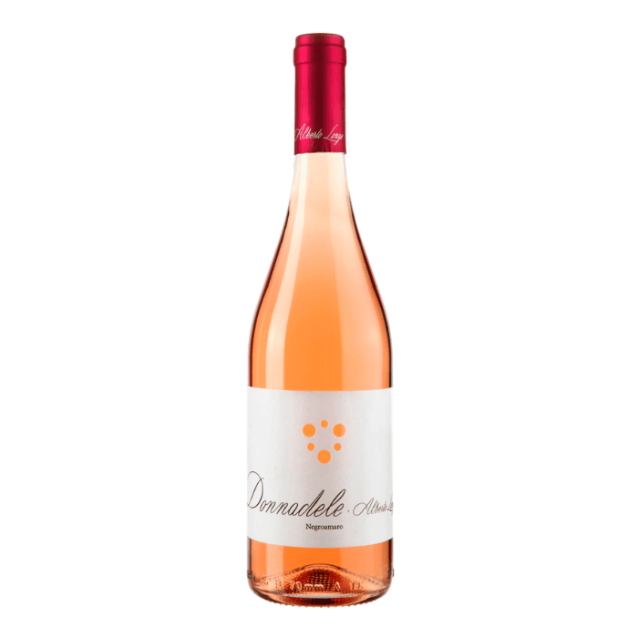 Bottle of Donnadele Negroamaro rosato wine with pale pink color and elegant label design.
