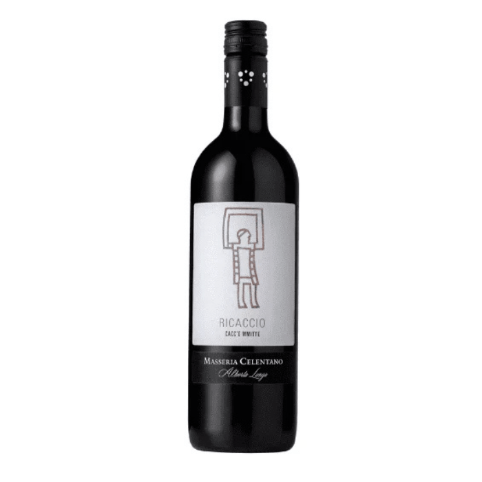 Alberto Longo Ricaccio Cacc e Mmitte di Lucera Rosso Puglia IGP wine bottle with distinctive label.
