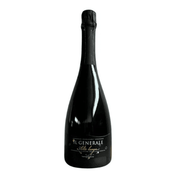 Dogliani il Generale Alta Langa DOCG sparkling wine bottle on a white background.