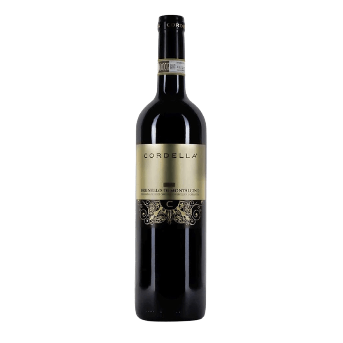 Organic Brunello di Montalcino wine bottle by Cordella, showcasing elegant design and rich Sangiovese character.