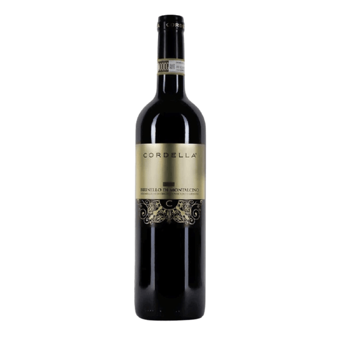 Organic Brunello di Montalcino wine bottle by Cordella, showcasing elegant design and rich Sangiovese character.