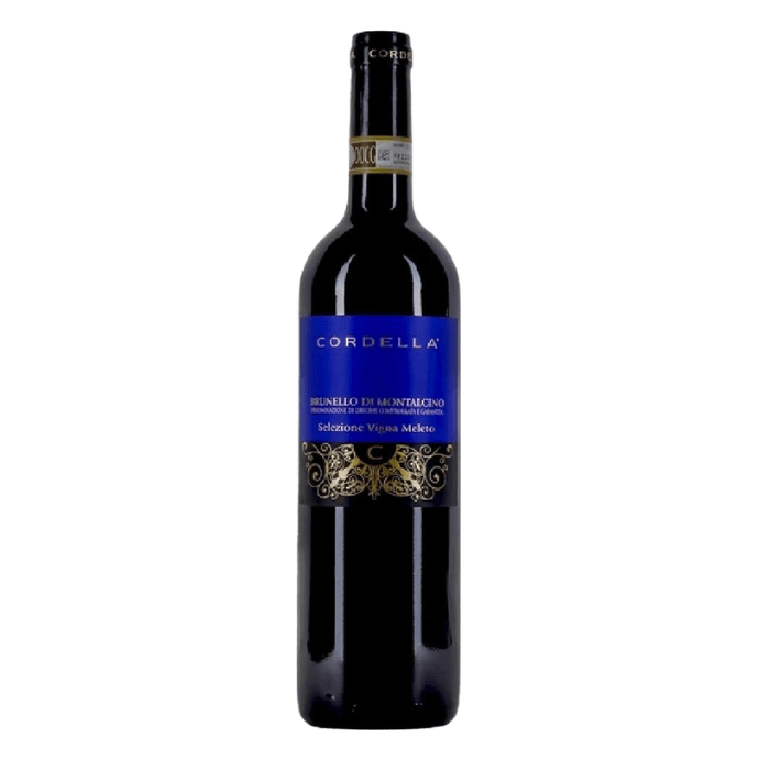 Brunello di Montalcino Vigna Meleto organic wine bottle by Cordella, showcasing its elegant label and dark glass.