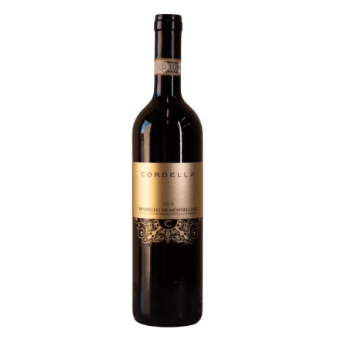BRUNELLO di Montalcino 2019 wine bottle by Cordella with elegant gold labeling.