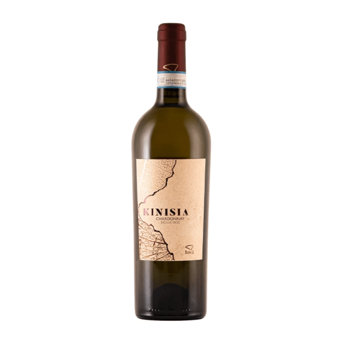 Kinisia Chardonnay bottle from Tenuta Birgi, showcasing a bright design and Sicilian origin.