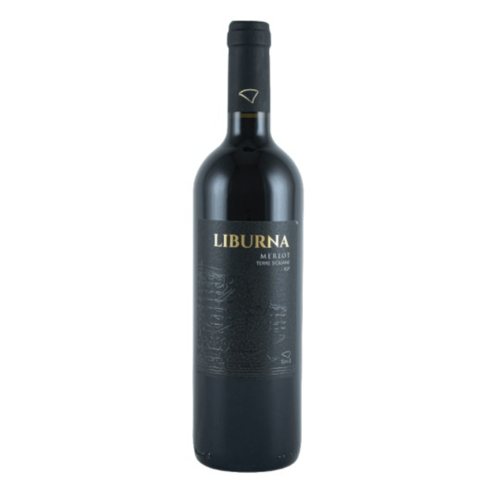 Liburna Merlot IGP Terre Siciliane wine bottle with sleek black label and gold accents