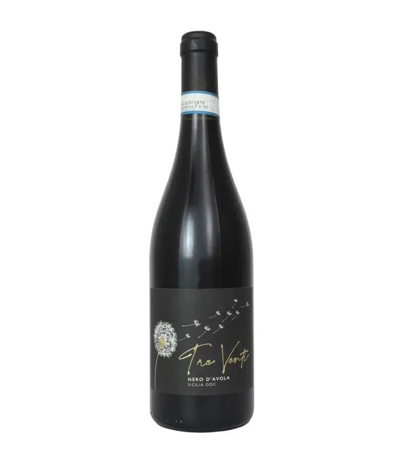Cantine Birgi Tre Venti Nero d'Avola Sicilia red wine bottle with black label and dandelion design.