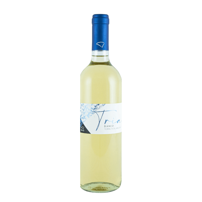 Sicilian white wine Cantine Birgi Tria Bianco bottle with a bright straw-yellow color.