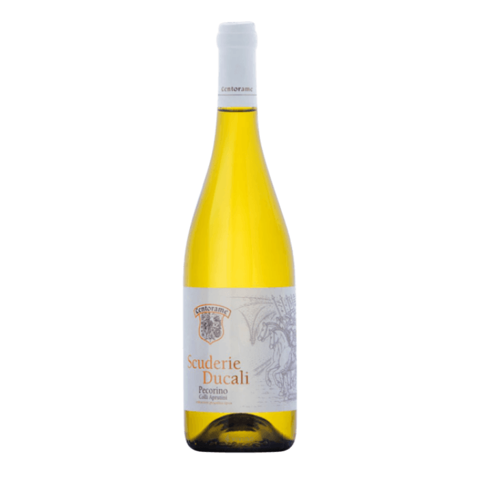 Pecorino Scuderie Ducali white wine bottle with a vibrant yellow hue and elegant label.