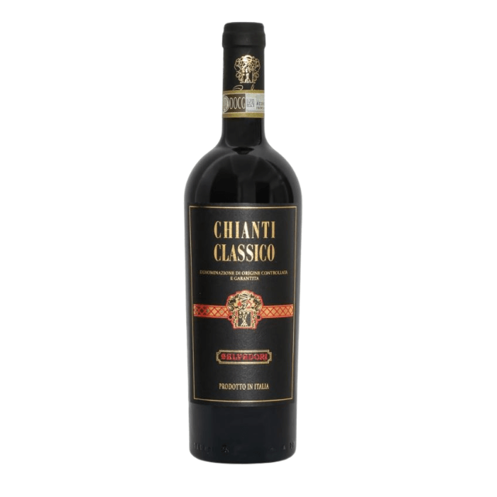 Bottle of Chianti Classico DOCG Gallo Nero Salvadori Bruno showcasing its elegant label and rich wine color.
