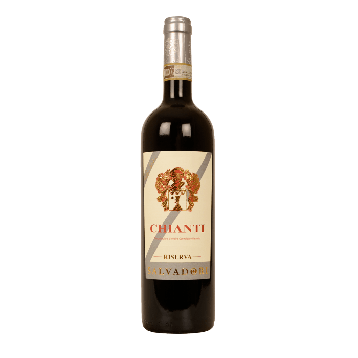 CHIANTI Riserva DOCG wine bottle from Salvadori Bruno, featuring Sangiovese Merlot blend, elegant deep ruby color.