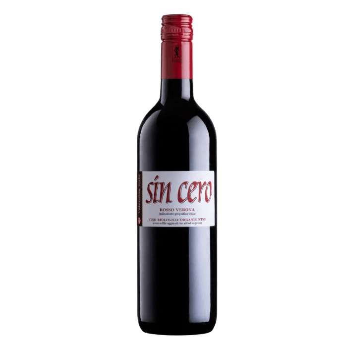 CORVINA SinCero Rosso Verona IGT organic wine bottle, showcasing vibrant red color and unique label design.