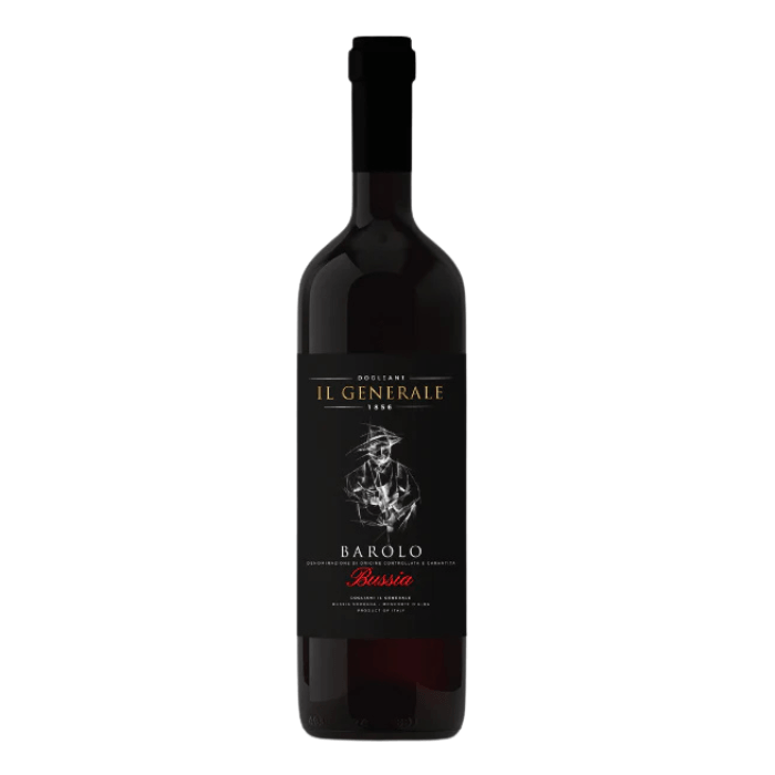 Barolo Bussia DOCG organic wine bottle by Dogliani Il Generale with elegant black label