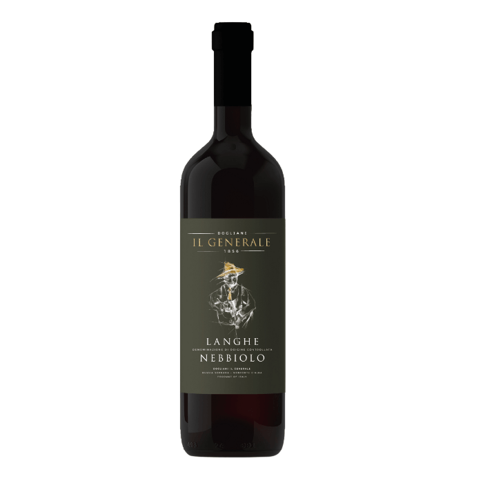 Langhe DOC Nebbiolo 2022 by Dogliani Il Generale wine bottle on a plain background.
