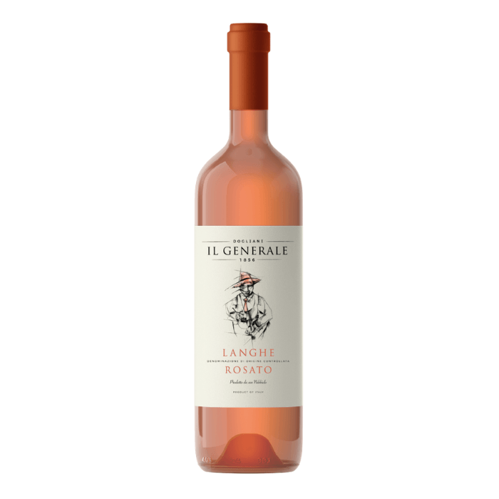 Bottle of Dogliani 'Il Generale' Langhe DOC Rosato Nebbiolo wine, showcasing elegant pink hue.