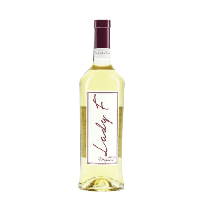 Donne Fittipaldi Bolgheri white wine bottle, Lady F, elegant design, featuring brilliant straw yellow color.