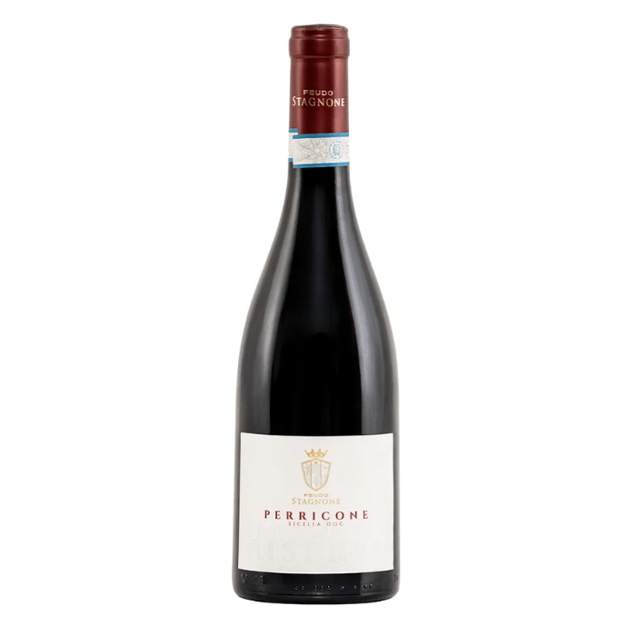 Feudo Stagnone Perricone Riserva bottle showcasing its distinctive red color and elegant design.