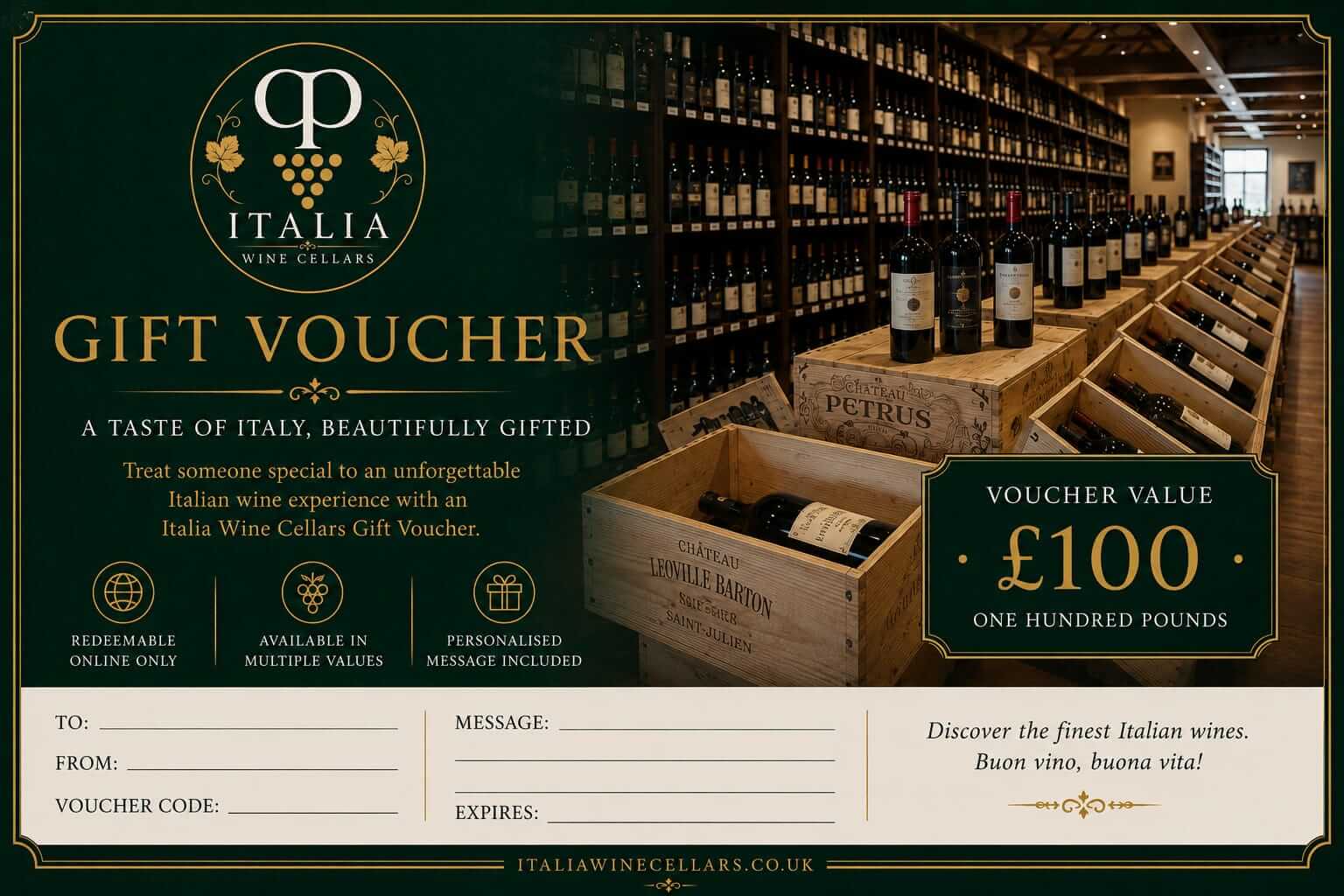 Gift Vouchers for Premium Italian Wine with a design featuring wine bottles and voucher details.
