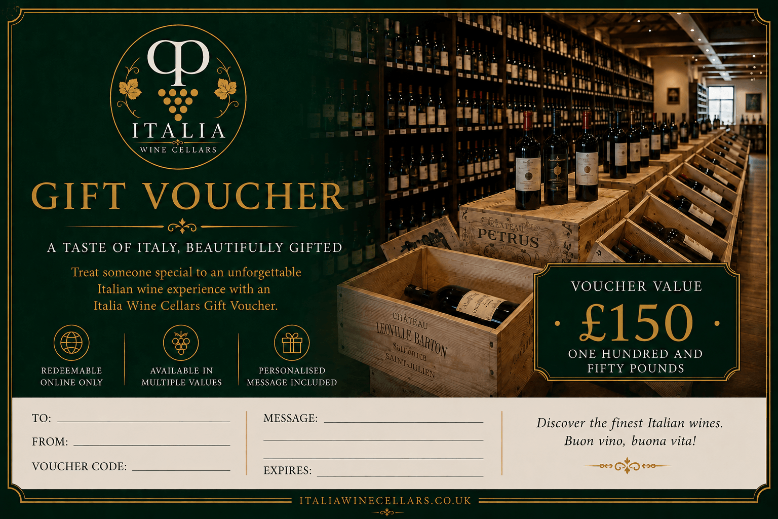 Gift Vouchers for Premium Italian Wine displayed with wine cellar background and voucher details.