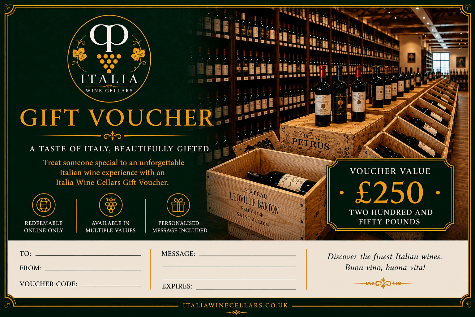 Gift Vouchers for Premium Italian Wine - Italia Wine Cellars voucher showing premium wine selection and personalized message options.