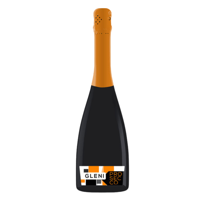 Bottle of Gleni - Prosecco DOC Extra Dry with orange cap and modern label design.