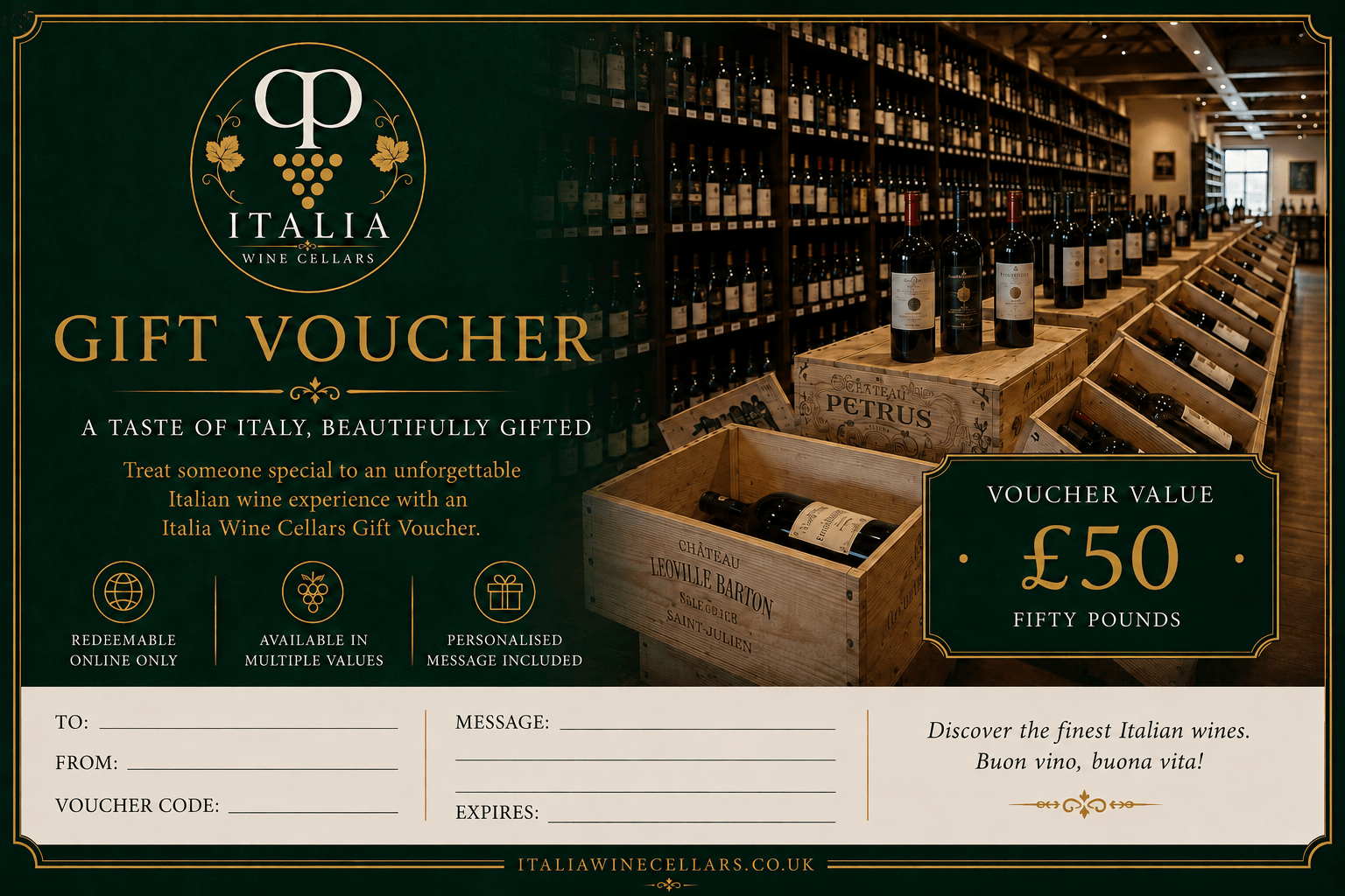 Gift Vouchers for Premium Italian Wine showcasing Italia Wine Cellars gift voucher in a wine cellar.