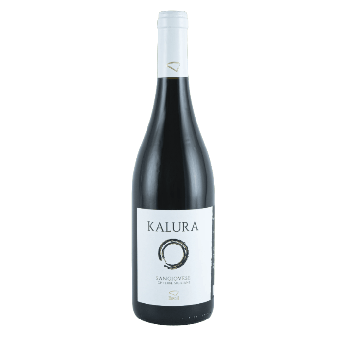 Sangiovese Kalura wine bottle showcasing Sicilian red wine from Cantine Birgi with elegant label design.