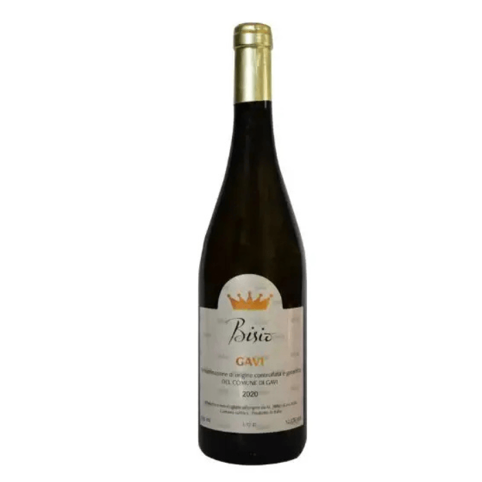 La Chiara Gavi di Gavi white wine bottle with golden cap and elegant label, showcasing 2020 vintage.