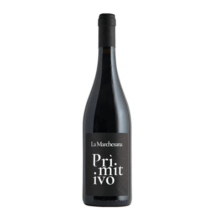 Polvanera Primitivo Gioia del Colle IGT wine bottle with black label and elegant design.