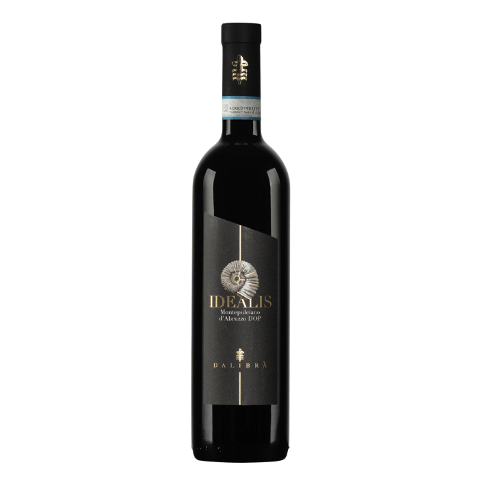 MONTEPULCIANO D'Abruzzo Dalibra Idealis DOP wine bottle with elegant black label and golden details.
