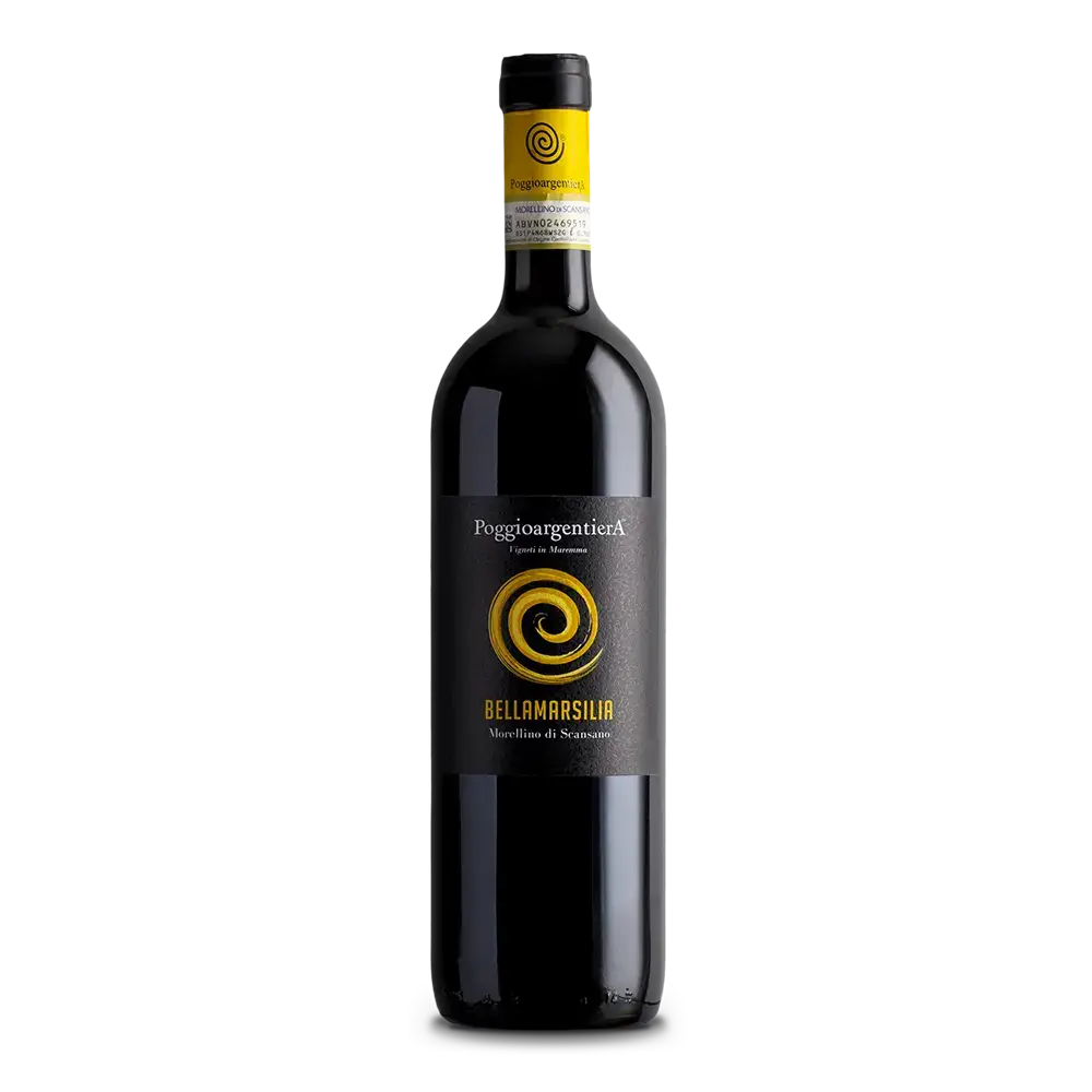 Poggio Argentiera Morellino di Scansano DOCG wine bottle with vibrant label design.
