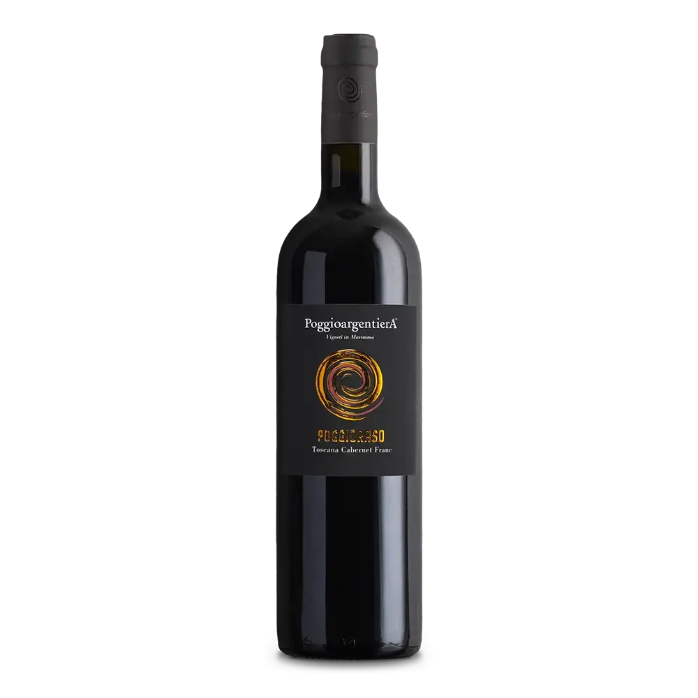 Poggio Argentiera Poggioraso Toscana Rosso IGT Cabernet Franc Toscana Rosso wine bottle with elegant design.