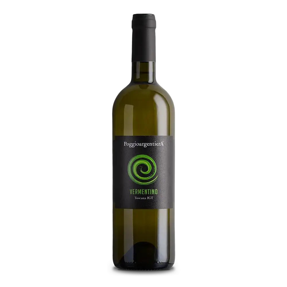 Poggio Argentiera Toscana IGT Vermentino wine bottle featuring vibrant label and elegant design.