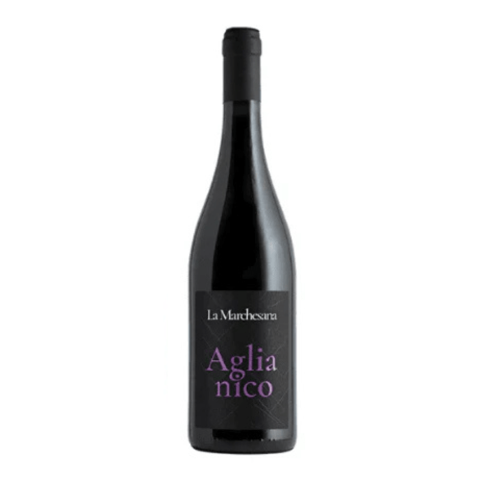 Bottle of Aglianico red wine from La Marchesara, showcasing the Aglianico Puglia red wine label.