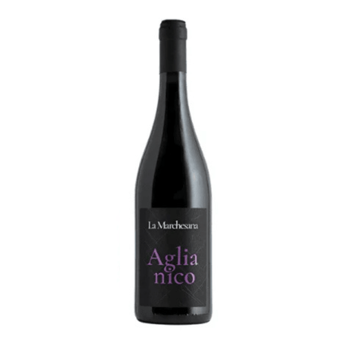 Bottle of Aglianico red wine from La Marchesara, showcasing the Aglianico Puglia red wine label.
