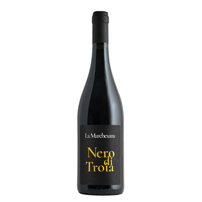 Bottle of La Murgese Nero di Troia organic red wine showcasing deep ruby color and elegant label.