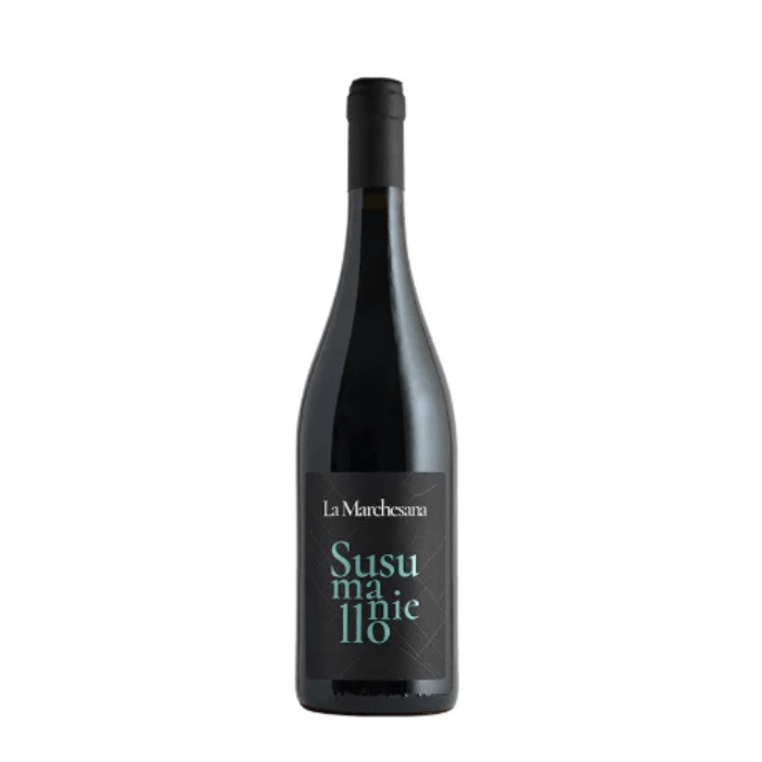 Polvanera Susumaniello Puglia IGT wine bottle from La Marchesa, showcasing classic Susumaniello design.