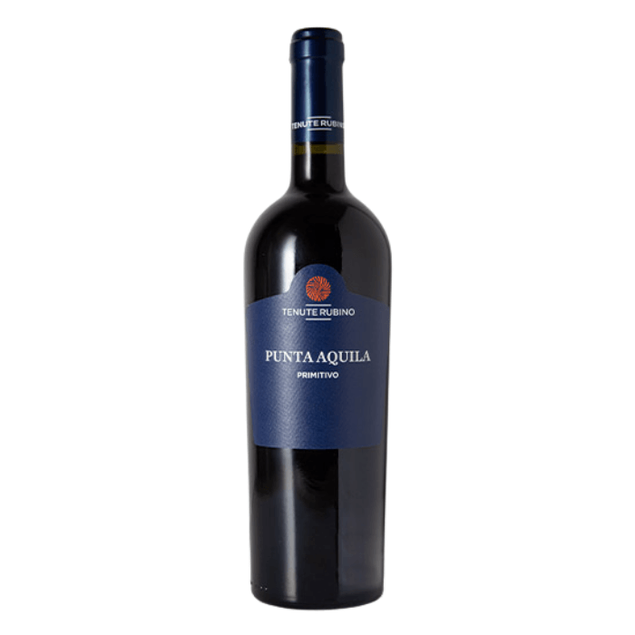 Punta Aquila Primitivo wine bottle from Tenute Rubino with a deep ruby color, showcasing southern Italian richness.