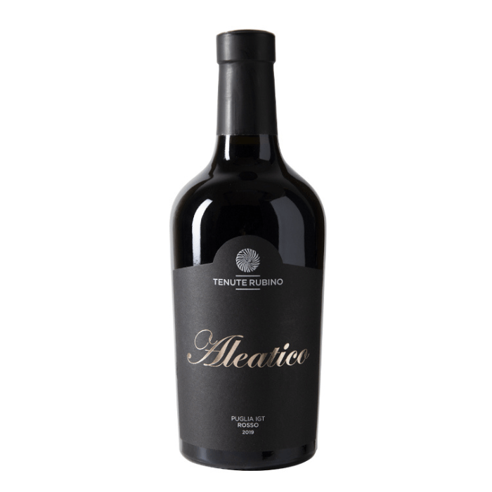 A bottle of Tenute Rubino Aleatico Salento IGT Rosso Passito 2019, showcasing its elegant dark design.