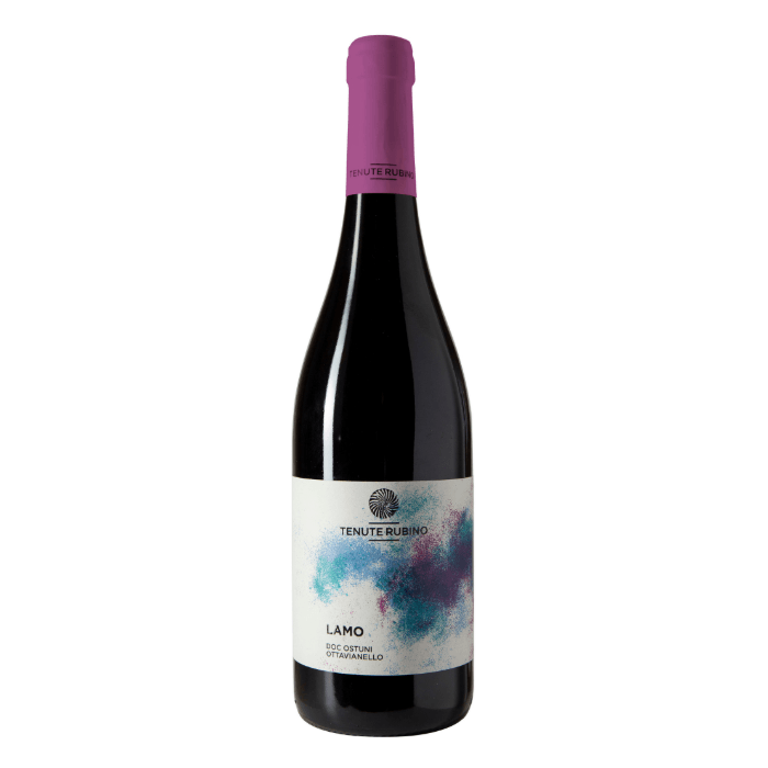 Lamo Ostuni DOC by Tenute Rubino, showcasing a wine bottle with a stylish design and purple cap.